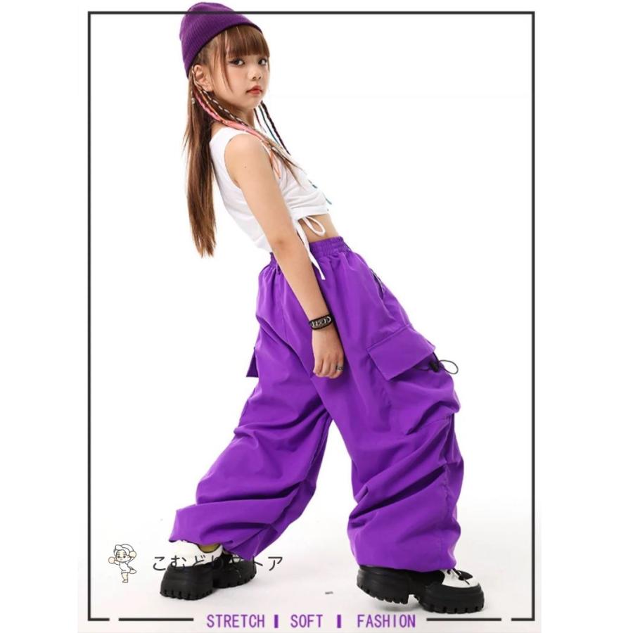 ヒップホップ 衣装 セットアップ 子供ダンス服 ダンスウェア キッズダンス衣装 トップス カーゴパンツ 紫 オレンジ 赤 カーキ 茶色 白｜komudoristore｜03