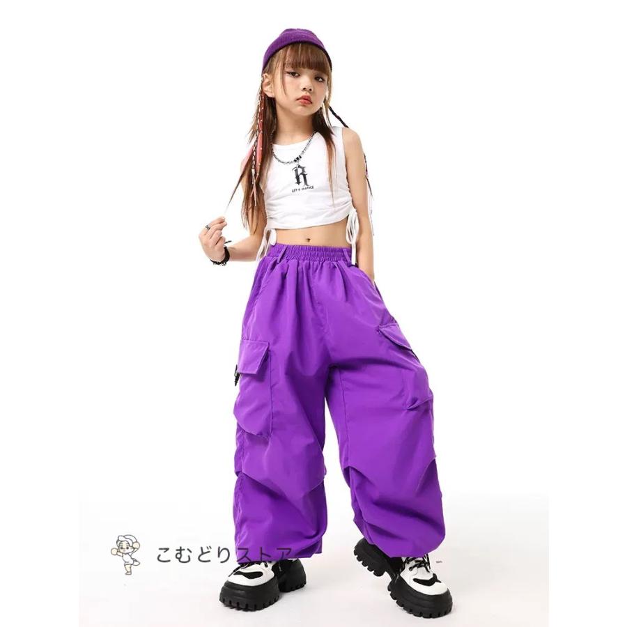 ヒップホップ 衣装 セットアップ 子供ダンス服 ダンスウェア キッズダンス衣装 トップス カーゴパンツ 紫 オレンジ 赤 カーキ 茶色 白｜komudoristore｜04