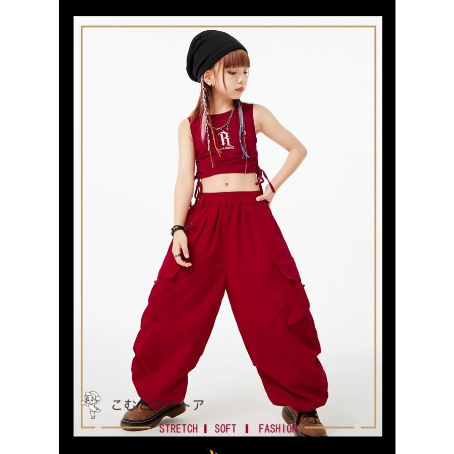 ヒップホップ 衣装 セットアップ 子供ダンス服 ダンスウェア キッズダンス衣装 トップス カーゴパンツ 紫 オレンジ 赤 カーキ 茶色 白｜komudoristore｜10