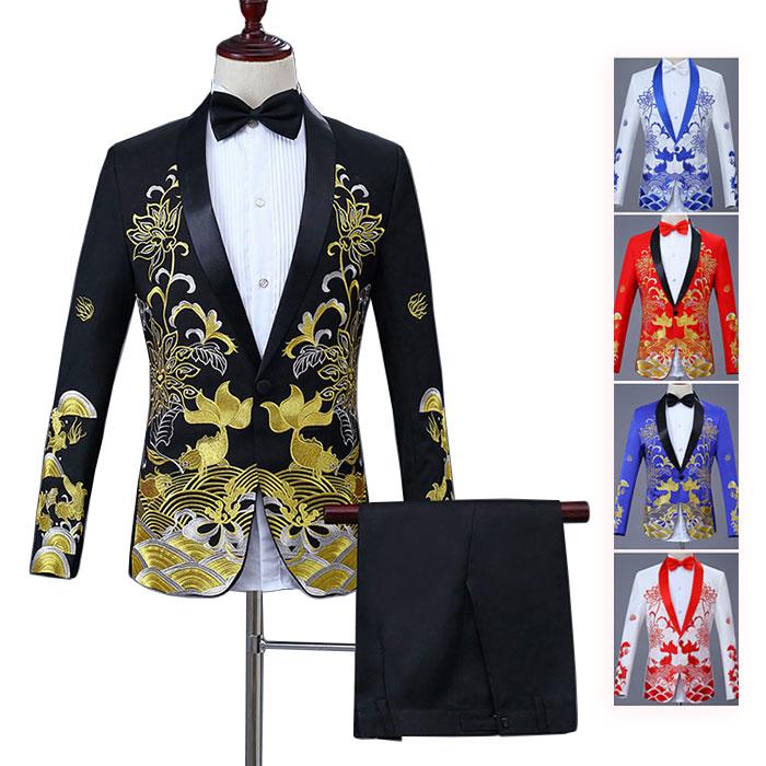 メンズスーツ ステージ衣装 5色 刺繍 スーツ 上下セット ジャケット