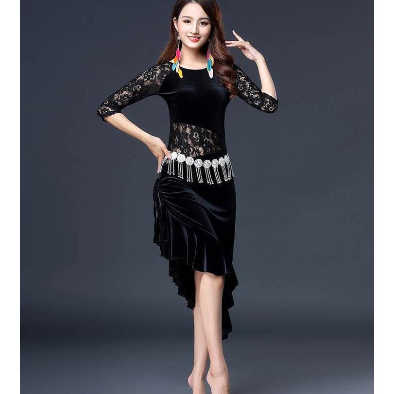 ラテンダンス衣装 レース+ベルベット切替ドレス 不規則ワンピース 中袖