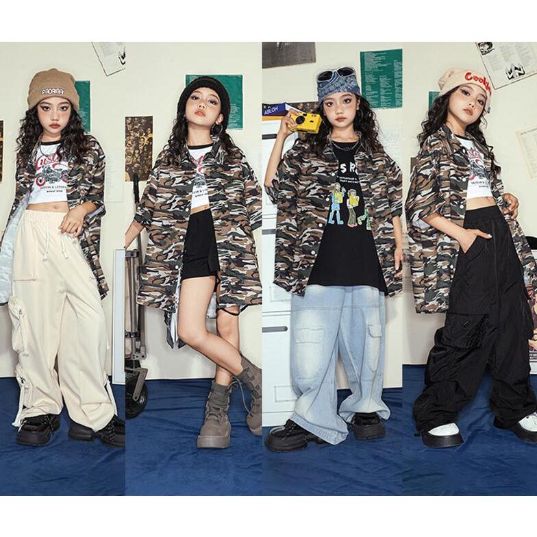 子供ヒップホップダンス衣装 迷彩柄半袖ワイシャツカーディガン