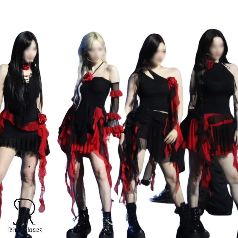 黒 レッド レディース ダンス衣装 セットアップ 大人 派手 演出服 韓国