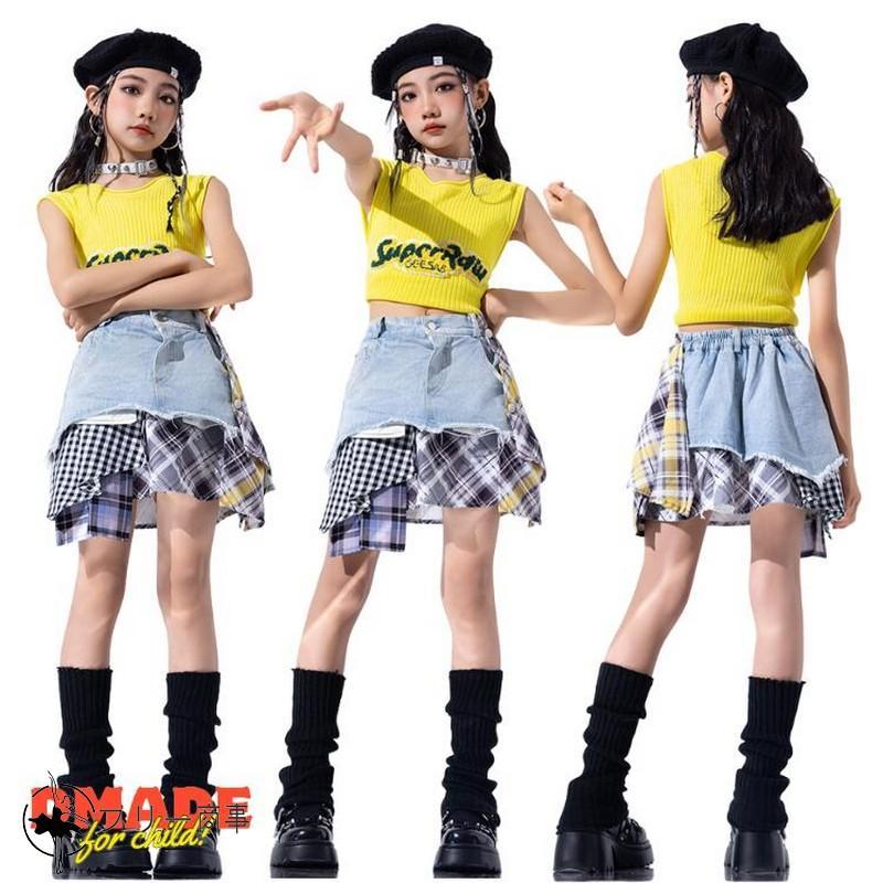 ダンス衣装 女の子 トップス デニム スカート セット チェック柄