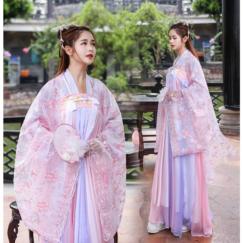 可愛い漢服＆唐装 振袖チャイナ服 ピンク系 刺しゅう中華服 ロング