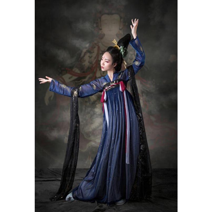 紺色系チャイナ服 中国風古代漢服唐装 振袖 ショール付 古典舞踊舞台