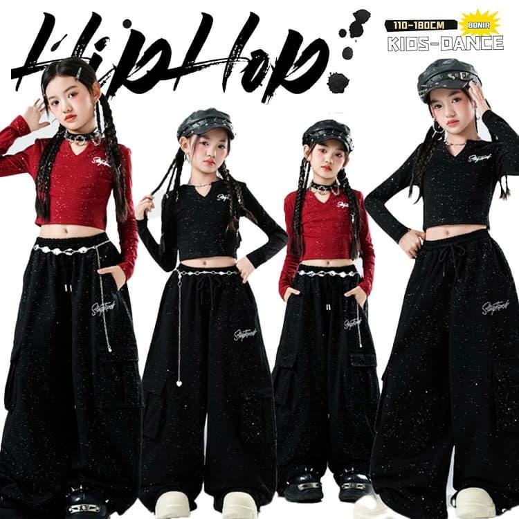 黒 ズボンカーゴパンツ 女の子 子供服 キッズ ダンス衣装 キラキラ