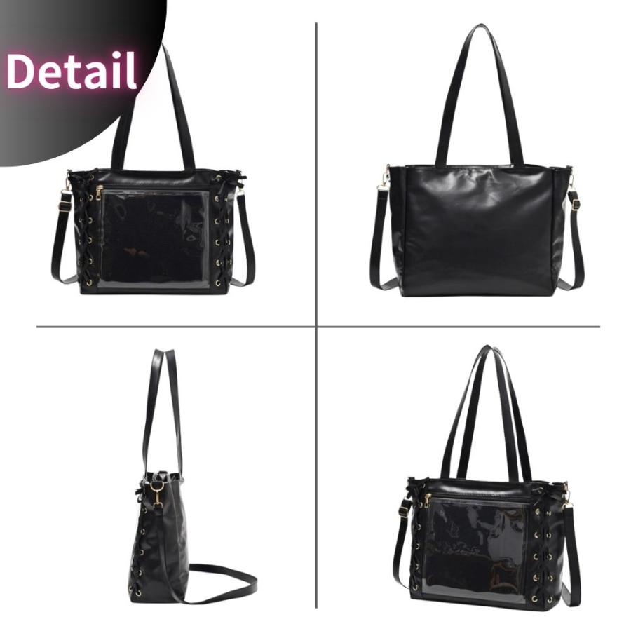 痛バッグ 痛バ トートバッグ 編み上げ A4 ブラック リボン 缶バッジ