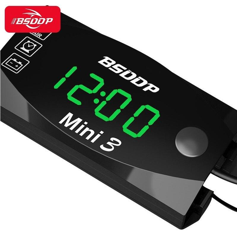 LED 3in1 デジタル電圧計 バイク用 温度計＆時計付き 防水仕様 緑色表示 モニター 多機能メーター の商品画像