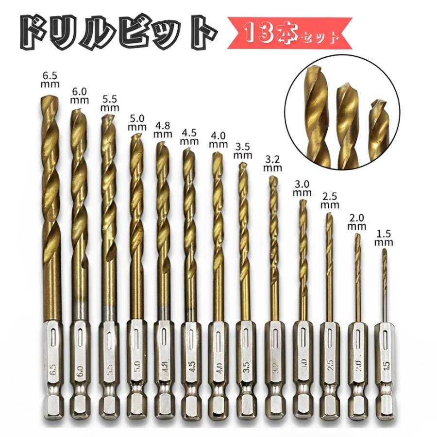 ドリルビット 13本セット 六角軸 6.35mm 1.5mm-6.5mm 高速鋼 ステップドリル 鉄工用 木工用 ビット インパクトドライバー の商品画像