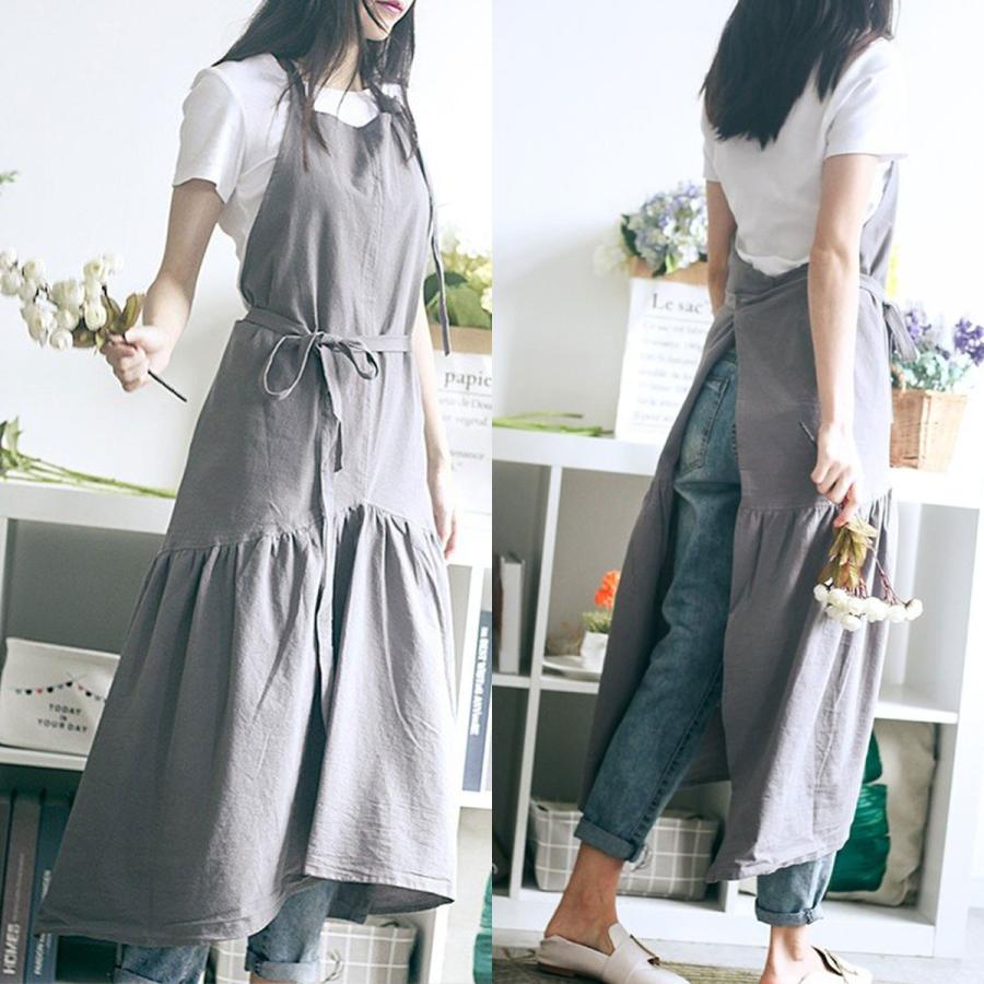 フェミニンワンピース丈エプロン 綿麻ワンピｰス風エプロン(ブルーリミテッド/Blue Limited