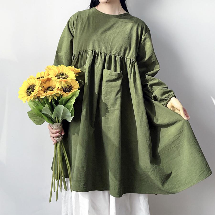 かぶり割烹着　深緑　シワ加工　日本製 割烹着 お尻まで隠れる ゆったり 花柄 エプロン 日本製 体型カバー 母