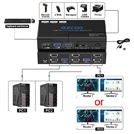 低価格ながら品質の良い USB 3.0 KVM Switch HDMI Dual Monitor 2 Computer 4K 120Hz 8K VRR G/Sync Atmos HotKey Toggle IR Remote- KVM Extend Display Keyboard Mouse Printer， USB 3