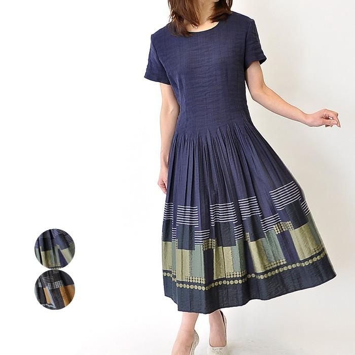 ワンピース 半袖ワンピース プリーツ ジャガード 夏物 レディースファッション お洒落なミセス カジュアル 40代 50代 刺繍 ネイビー ブラック Ko14 ミセスカジュアル専門店 Koran 通販 Yahoo ショッピング