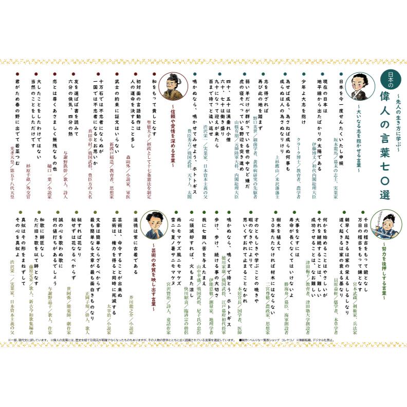 日本の偉人の言葉70選 A4サイズ一覧表・両面フルカラー 名言集 : べん