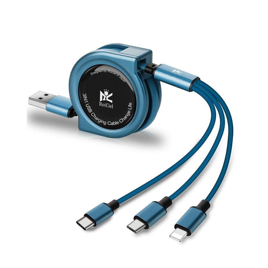 RoiCiel 3in1 USB充電ケーブル 巻き取り ライトニング/USB Type