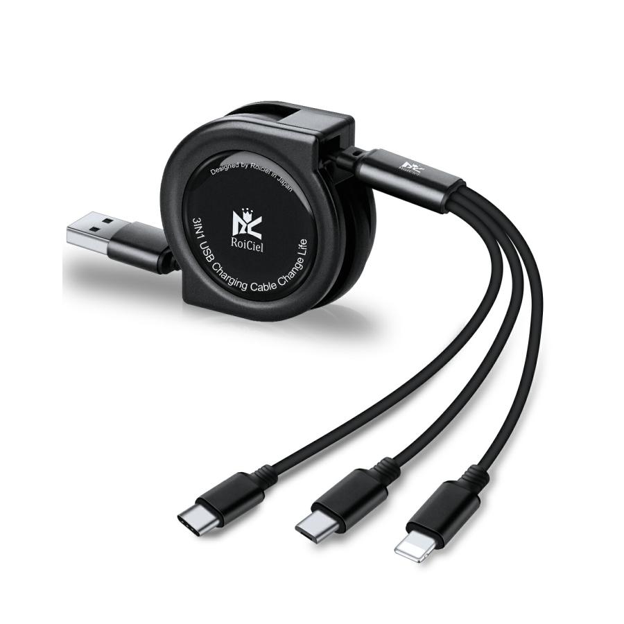RoiCiel 3in1 USB充電ケーブル 巻き取り ライトニング/USB Type-C
