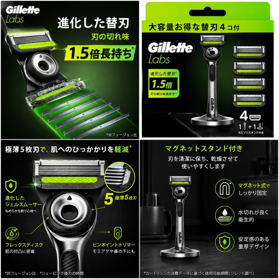 Gillette ジレット ラボ Labs 本体 替刃 4個 スタンド付 カミソリ 剃刀