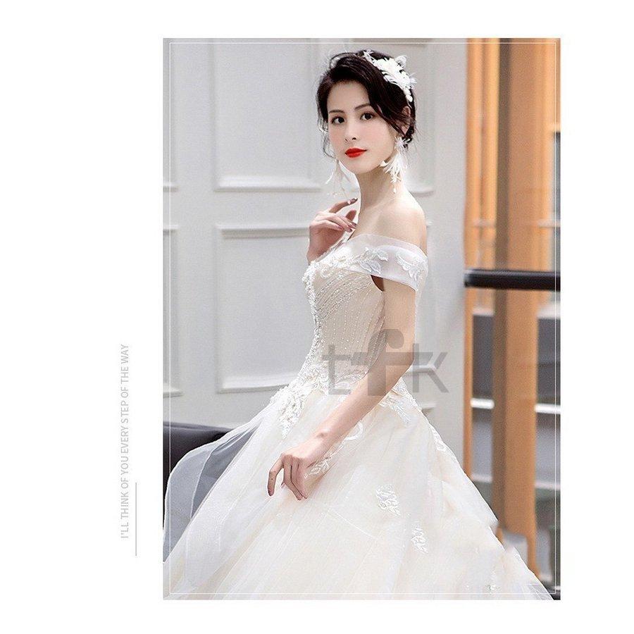 注目ブランド 結婚式 花嫁ロングドレス オフショルダー レース パーティードレス ウェディングドレス白 ウェディングドレス 露背 姫系 挙式 お呼ばれ ビーズ 二次会 エンパイアライン サイズ Xxxl