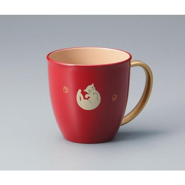 猫 持ち手 金 マグカップ 朱 赤 ねこ 越前塗 越前漆器 電子レンジOK 食