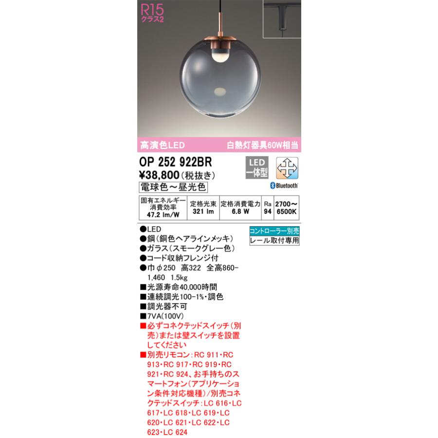 安心のメーカー保証 【ご注文合計25，001円以上送料無料】Ｔ区分オーデリック照明器具 OP252922BR ペンダント 配線ダクト用 リモコン別売 LED_1