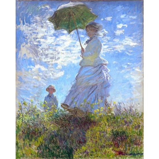 散歩、日傘をさす女性　クロード・モネ  手描き油絵複製画　肉筆絵画　模写　レプリカ　送料無料