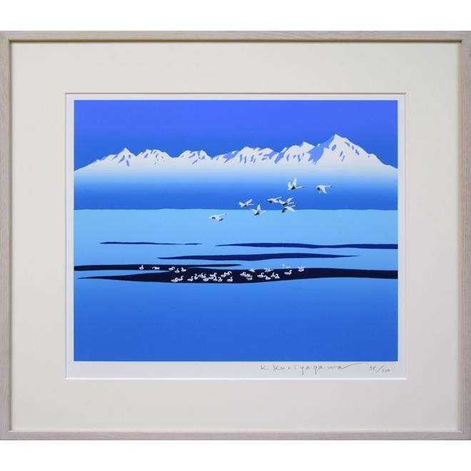 栗谷川　健一「三つの白い世界（知床連峰）」シルクスクリーン版画・限定・直筆サイン入■北海道デザイン界の父【小竹美術】真作保証 | 