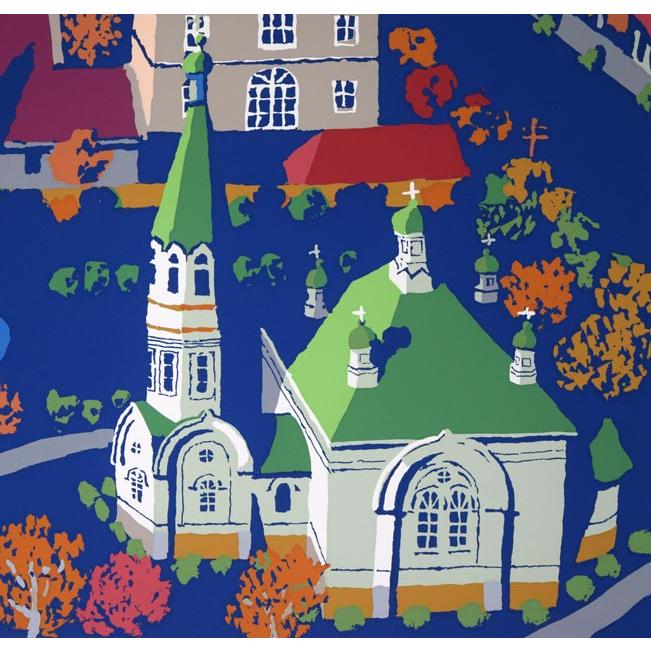 栗谷川 健一「教会の街並み（函館）」シルクスクリーン版画