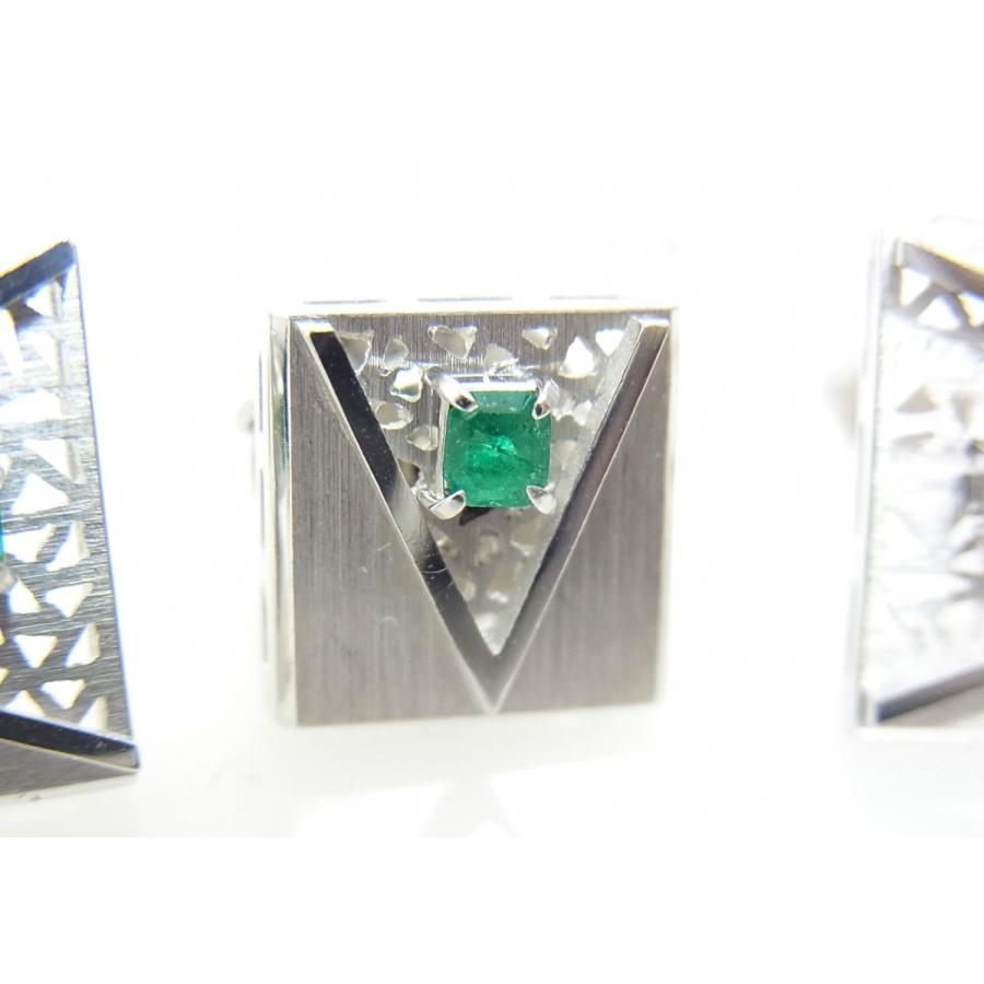 天然エメラルド入り 18金ホワイト製 カフスとタイピン（タイタック