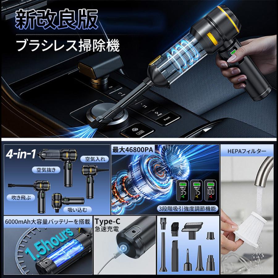 ハンディクリーナー コードレス掃除機 46800PA 強力吸引 6000mAh