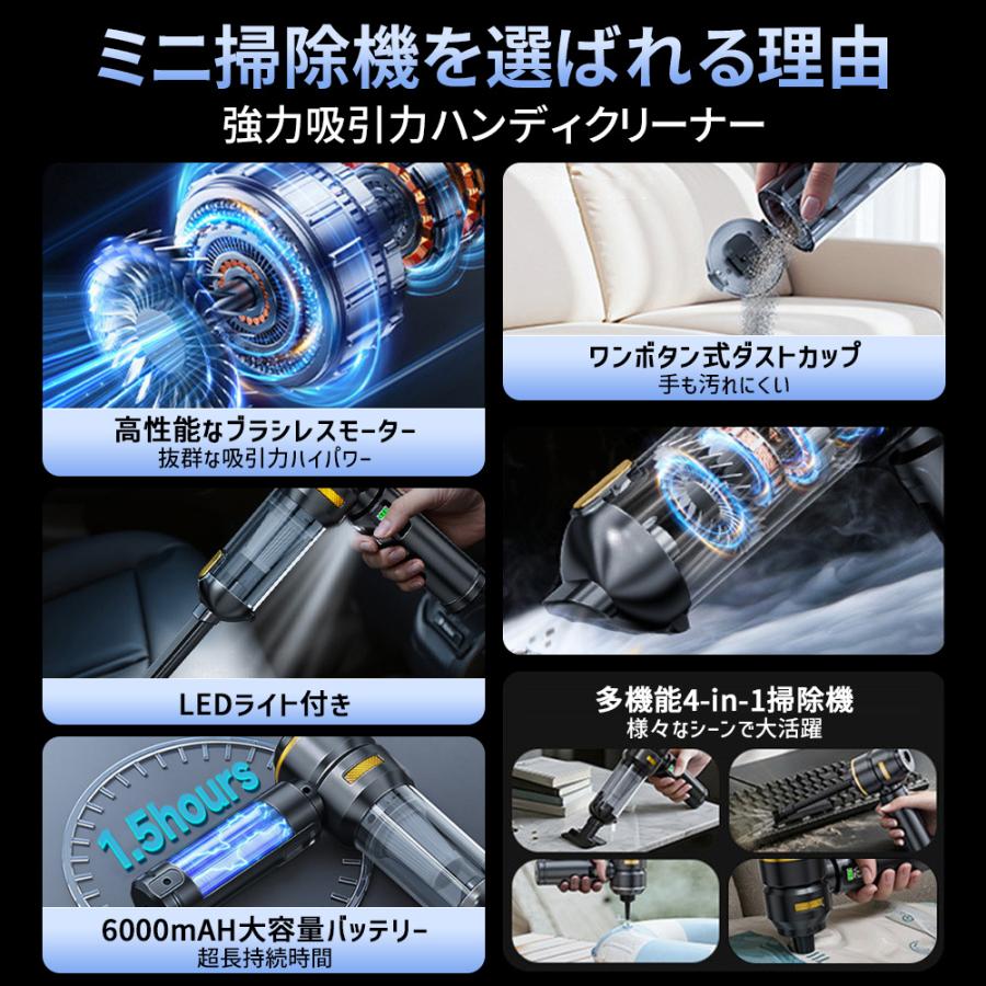 ハンディクリーナー コードレス掃除機 46800PA 強力吸引 6000mAh