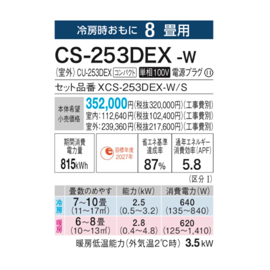 【在庫あり】 パナソニック エアコン CS-253DEX-W エオリア EXシリーズ 主に8畳用(2.5kW) ※単相100V 送料無料(北海道、離島除く) 沖縄及び一部離島配送不可｜kotobukidenki78｜03