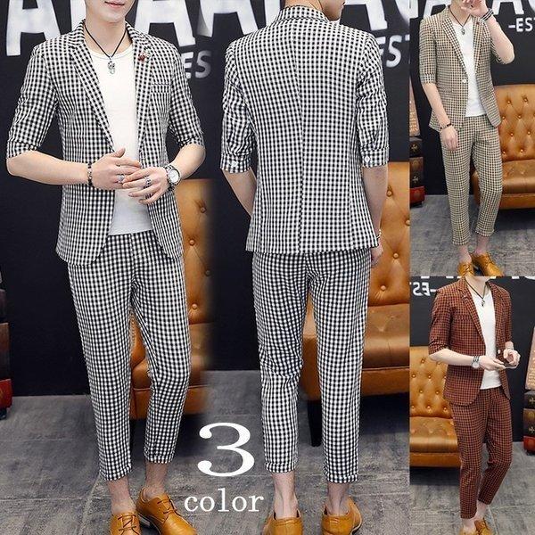 円高還元 サマースーツメンズセットアップ夏カジュアルスーツおしゃれサマージャケットスキニーパンツ上下紳士服テーラード7分袖チェック柄 男性用スーツ夏ブレザージャケットスラックススリム洋服 スーツ フォーマル Www Affaires Sociales Gouv Cg