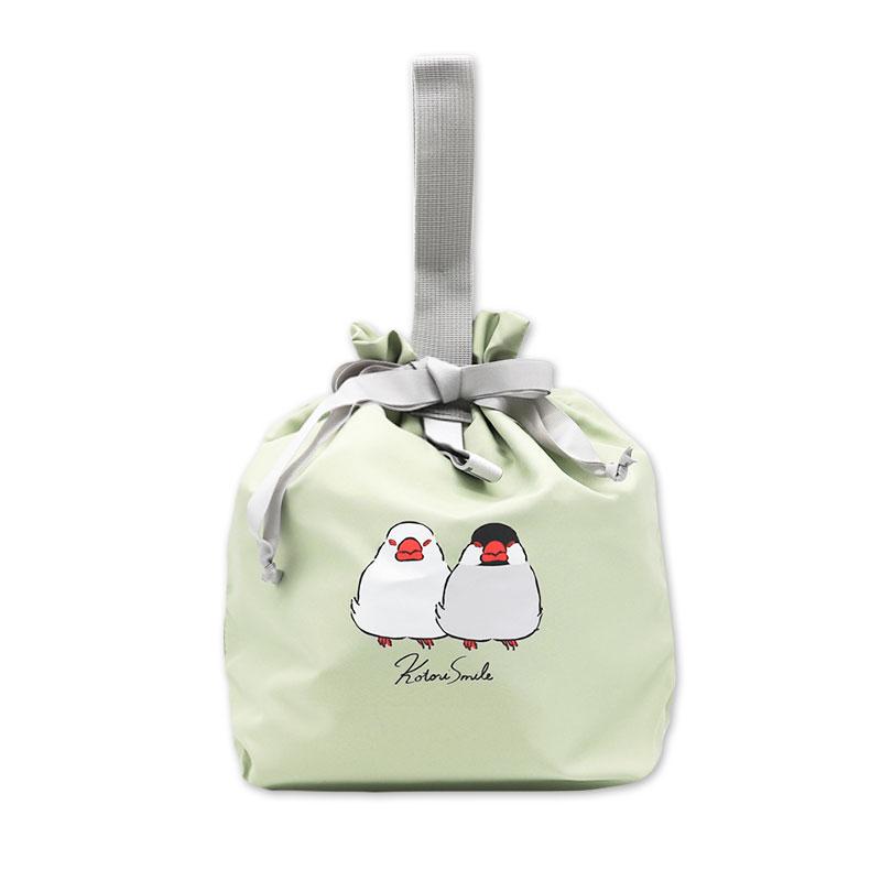 ことりすまいる】コンパクトクーラー巾着 ☆文鳥ペア（Pグリーン
