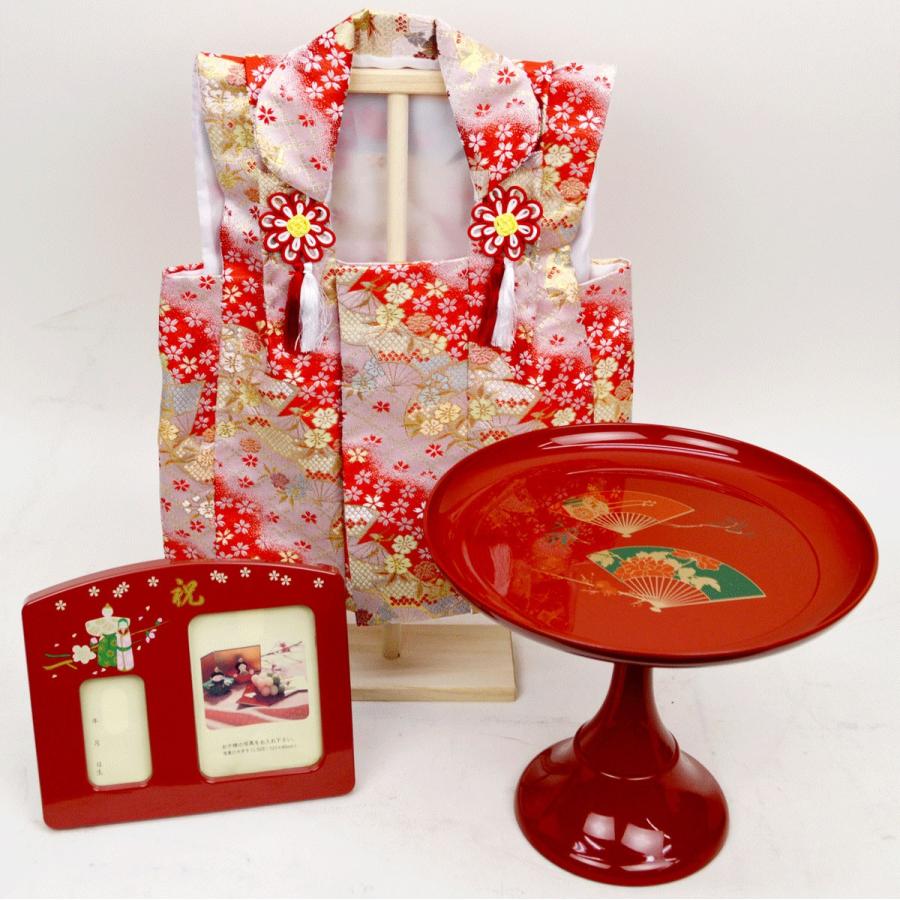 ひな人形お祝いセット　金襴（大）3点セット　1.被布着　西陣織・金襴　2.JI314高坏（大）　3.JI301オルゴール(大）朱　ひな祭りのお祝い