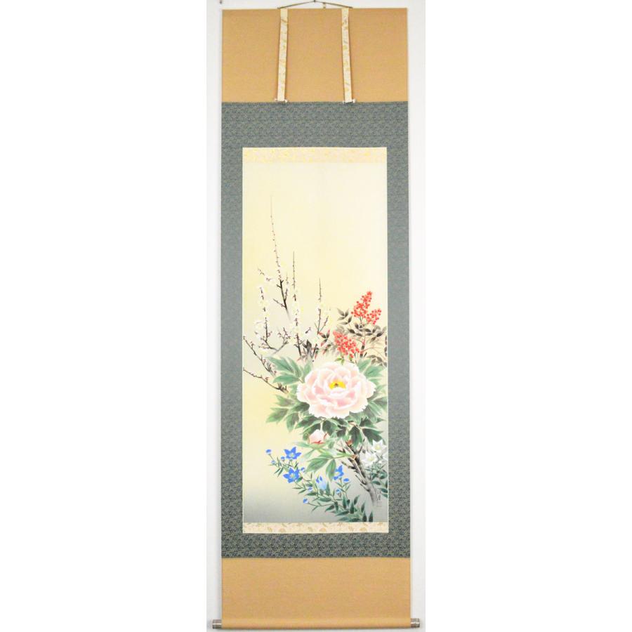 花】尺五立 掛軸『四季草花』 松沢 江月（まつざわ こうげつ） 京緞子