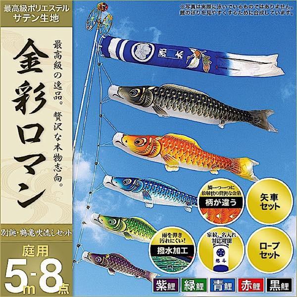 鯉のぼり 庭園用 村上 鯉幟 家紋入れ・名前入れ可能 「金彩ロマン5m8点