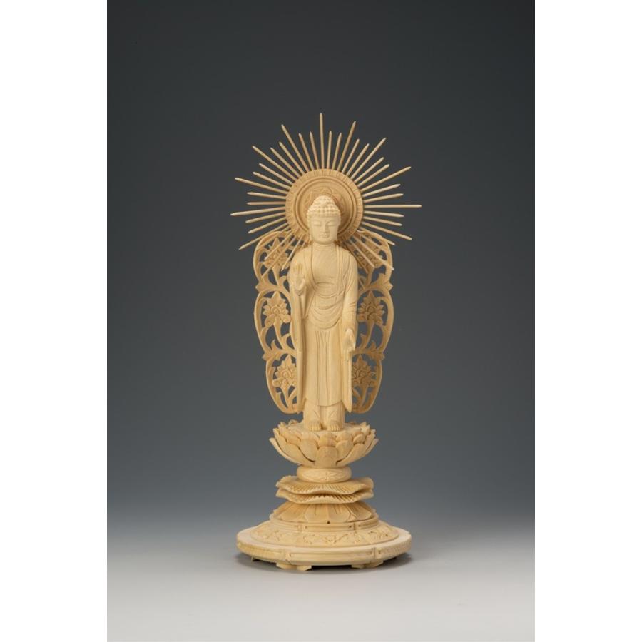 桧木上彫木瓜丸台 西型唐草光背立阿弥陀 3.0寸 35-5 仏像 木彫り フィギュア オブジェ インテリア仏像 置き物 インテリアオブジェ 仏壇 仏具