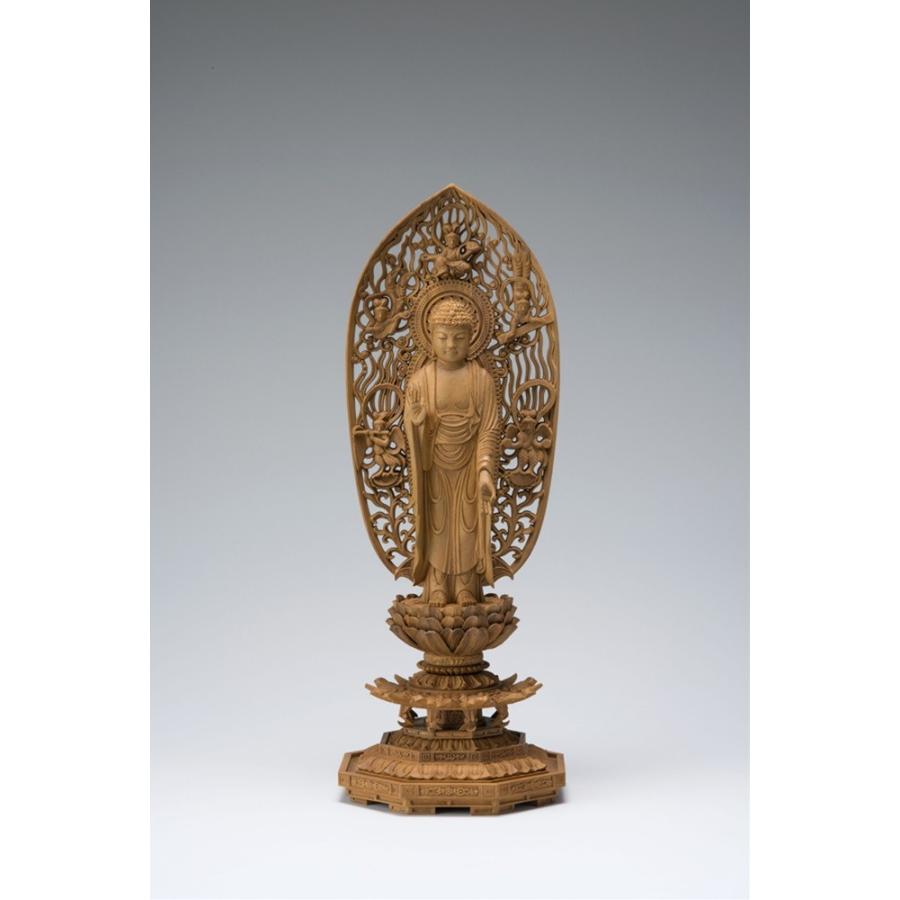 白檀八角台 舟型飛天光背眼入立阿弥陀 4.0寸 10-3 仏像 木彫り