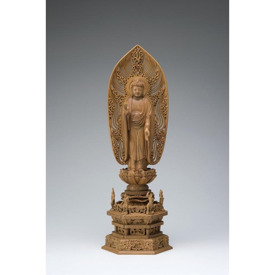 白檀六角四天王台 舟型水煙光背眼入立阿弥陀 5.0寸 9-3 仏像 木彫り