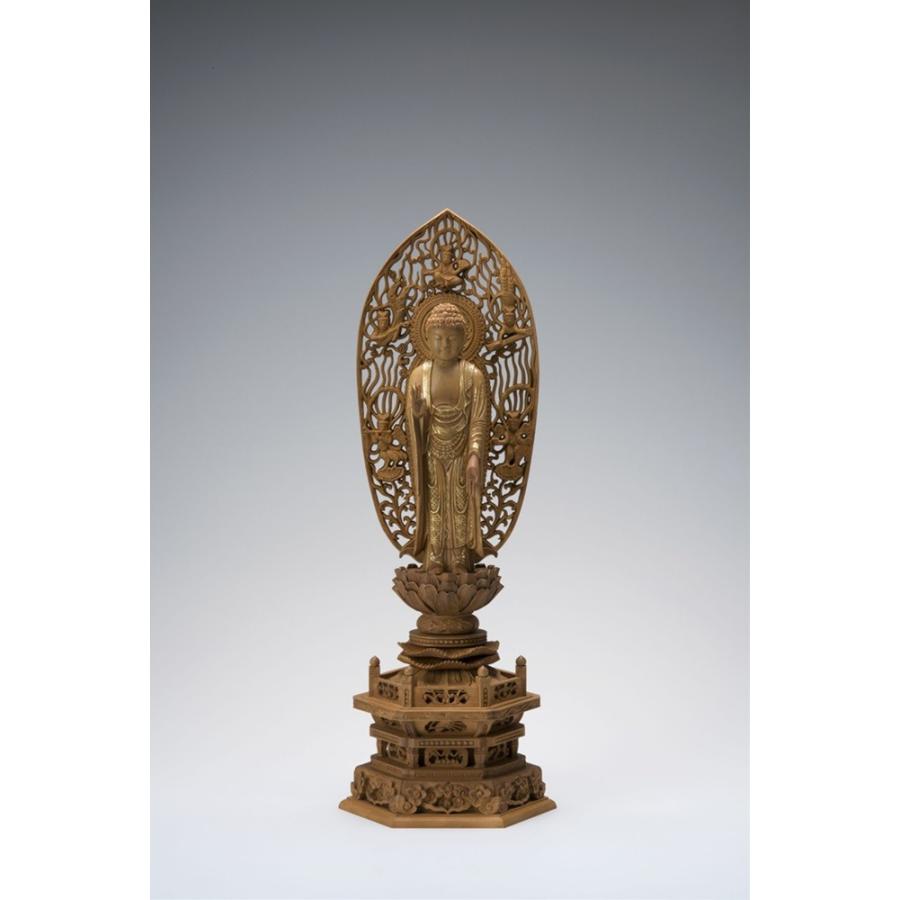 白檀六角台 舟型飛天光背金泥付立阿弥陀 5.0寸 12-4 仏像 木彫り