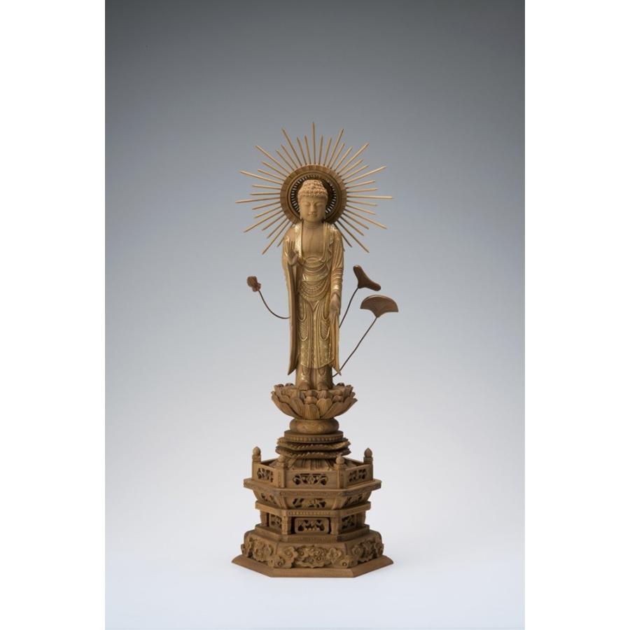 白檀六角台 東型光背金泥付立阿弥陀 4.5寸 12-6 仏像 木彫り