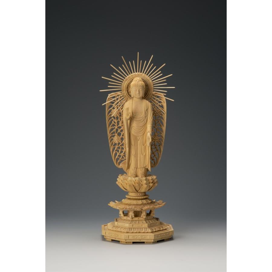 本柘植八角台 西型唐草光背立阿弥陀 3.5寸 19-5 仏像 木彫り フィギュア オブジェ インテリア仏像 置き物 インテリアオブジェ 仏壇 仏具