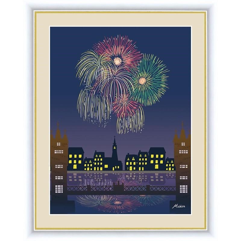 花火のアート作品 フレーム付き インテリアアート額絵 日本画 花火 52×42cm 田口 みちる（た