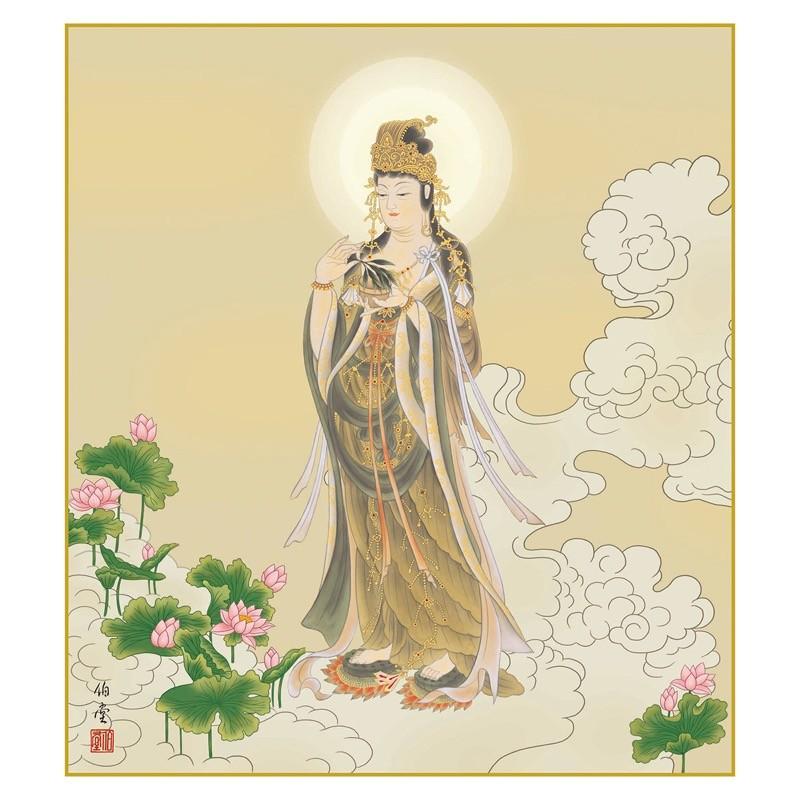 仏事関連作品 手彩特色工芸色紙 雲上観音 慈愛に満ちた穏やかな表情の