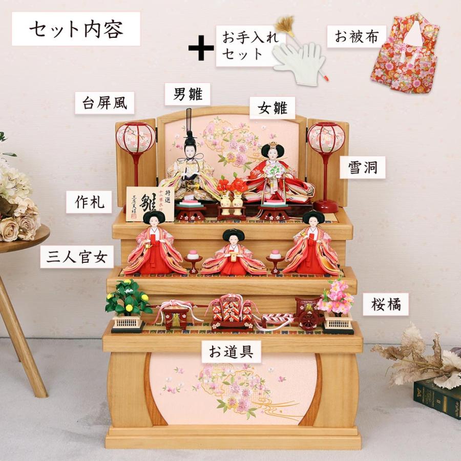 雛人形 宴桜 芥子親王 金糸 銀糸 草花柄 桜文様柄 古典的 小芥子官女 三段収納飾り 五人飾り 木製三段飾り 横幅55cm