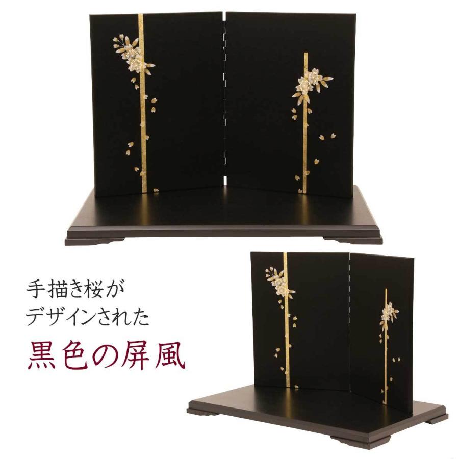 黒色木製雛人形飾り台 桜のデザイン 桜模様で赤と黒衣装の雛人形月と桜屏風収納飾りの通販～選ばれるお店の