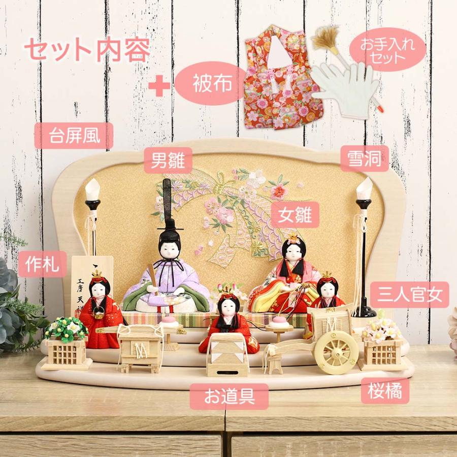 木目込み雛人形 こひな 五人飾り 白 パステル 刺繍屏風 白木三段飾り