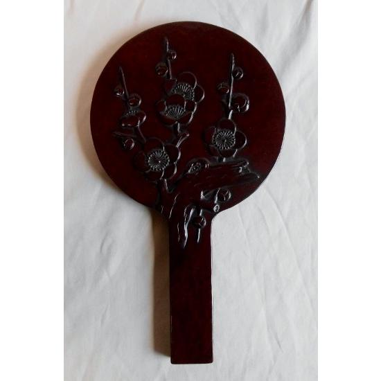 鎌倉彫 手鏡 時代もの 姫鏡 梅 雲紋様 乾口塗 木彫 朱漆 十寸