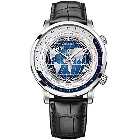 数量は多い 51a1worl好評販売中 ファッションウォッチ 機械式カレンダー ブルーワールドタイム 純正ダイヤモンドダイヤル トップブランド メンズ Agelocer メンズ腕時計